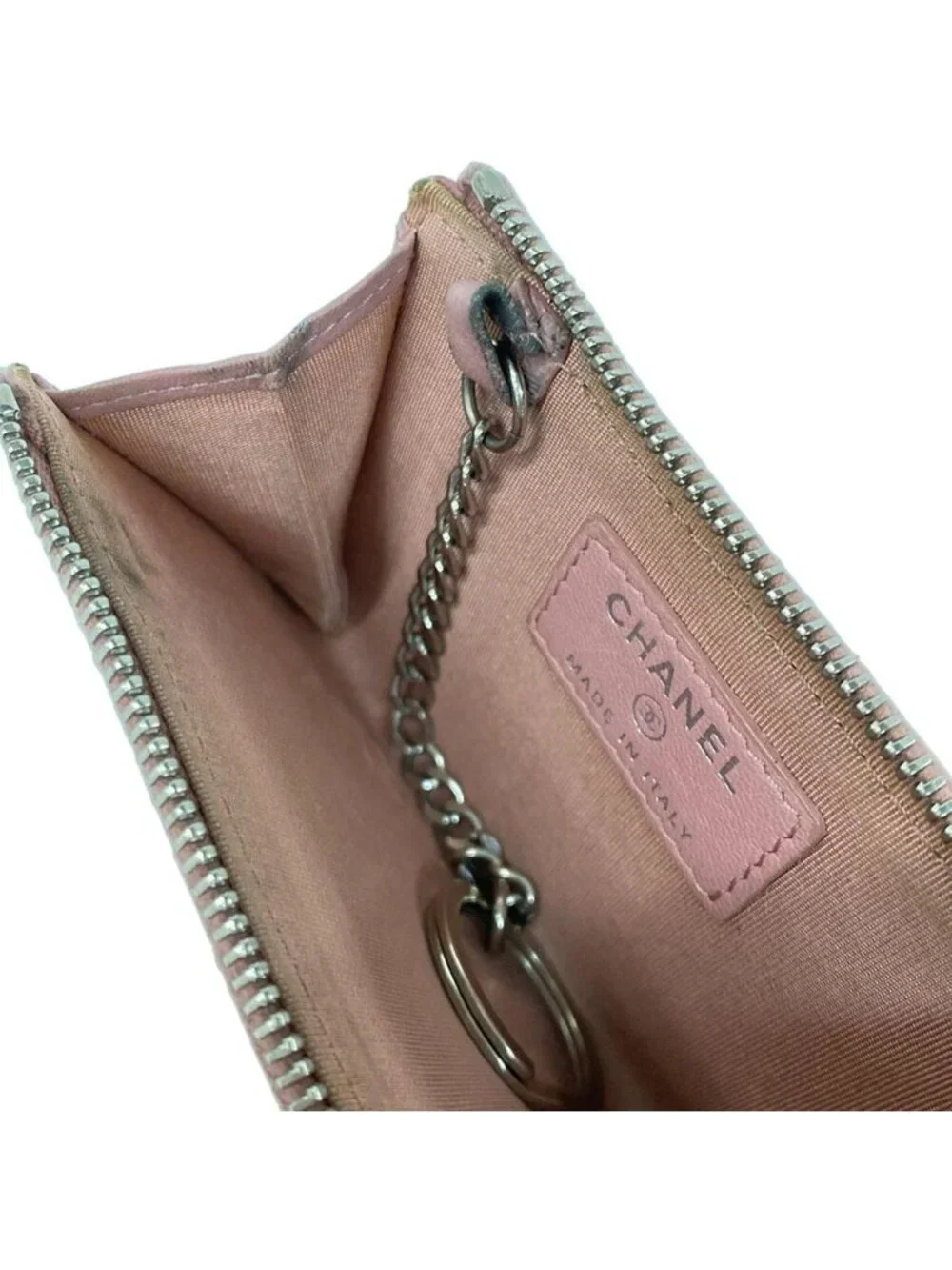 Chanel Coin Case Camellia Pink White Silver L-Shaped Zipper Lambskin With
